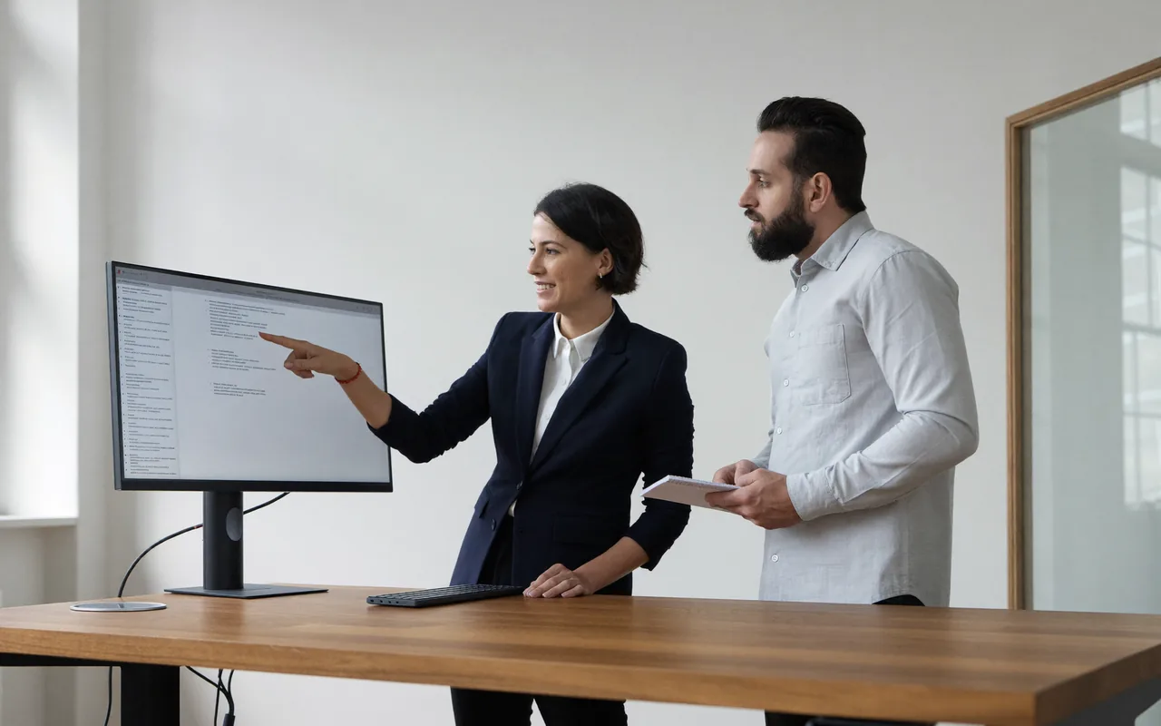 A colleague at a standing desk shows another a documentation page on the monitor, a glass partition wall behind them