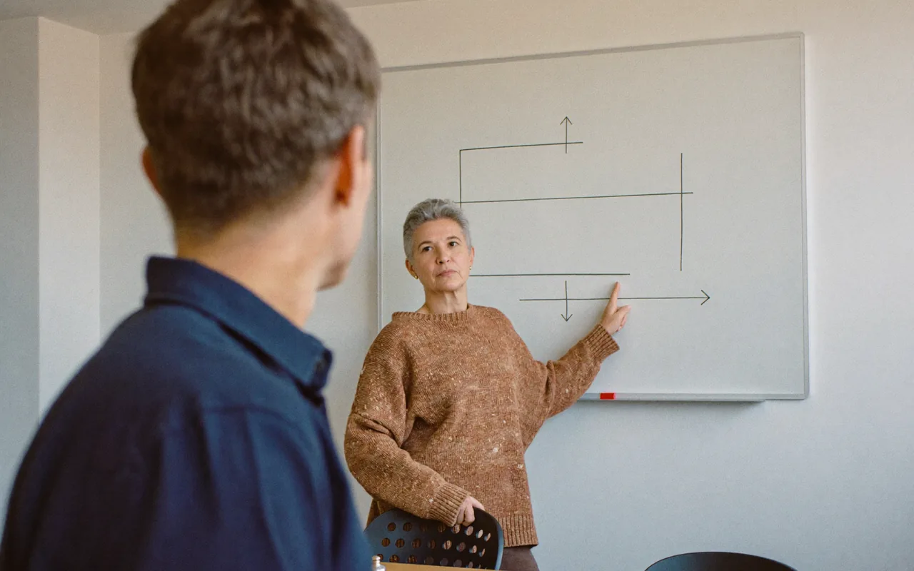 A colleague explains a diagram of boxes and arrows at a whiteboard, a listening colleague cropped in the foreground