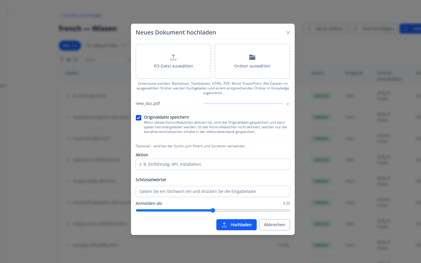 Screenshot: Upload und Sitemap