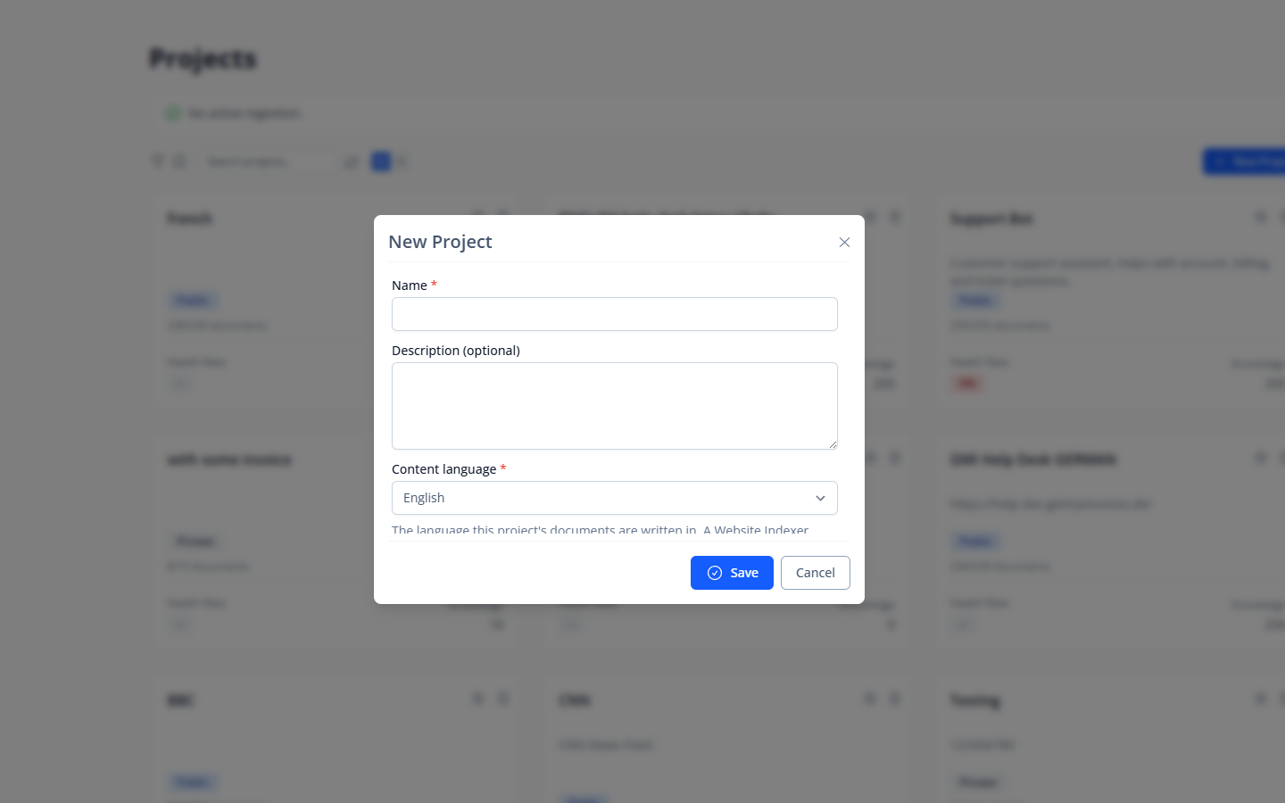 Screenshot: new project dialog